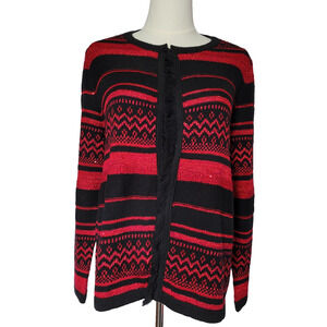 Chicos Cardigan Red Sequins Fringe Holidays Christmas Sz 1 (M) Office Festive